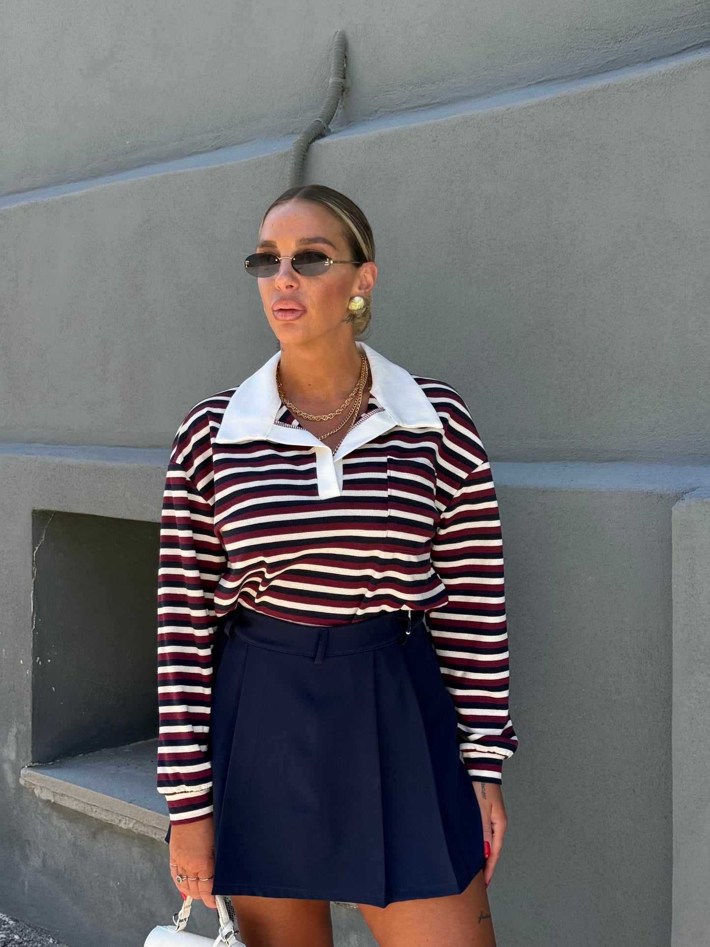 Shirt polo a righe con taschino bordeaux/blu 7233