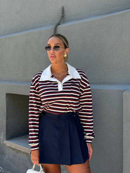 Shirt polo a righe con taschino bordeaux/blu 7233