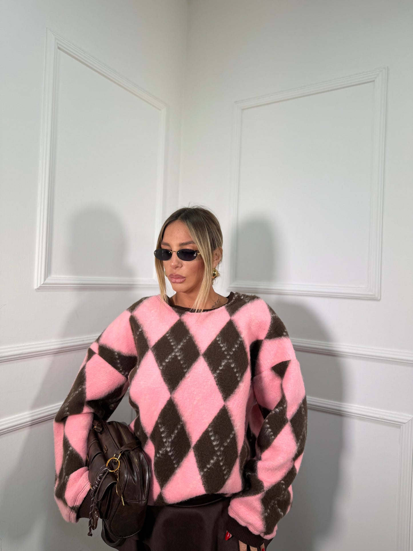 Maxipullover con spalline lana cotta con spalline Nora rosa/cacao m303971