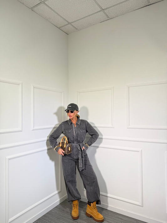 Jumpsuit in denim con cintura Valencia lavaggio grigio MO228