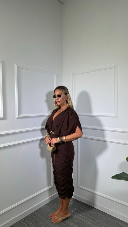 Abito midi drappeggiato (curvy) cioccolato