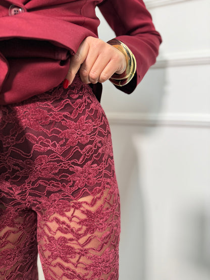 Pantaloni a zampa in pizzo e velluto con culotte bordeaux 5761