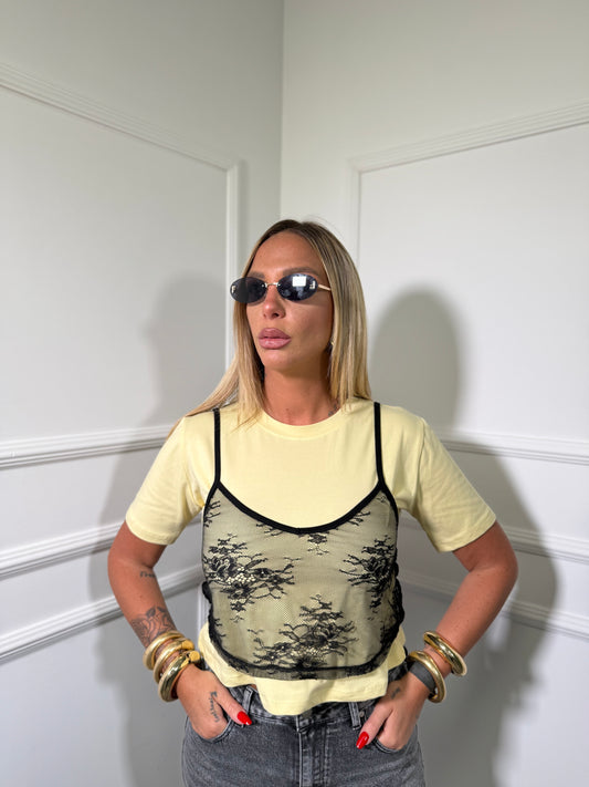 T-shirt con canotta in pizzo gialla 66866