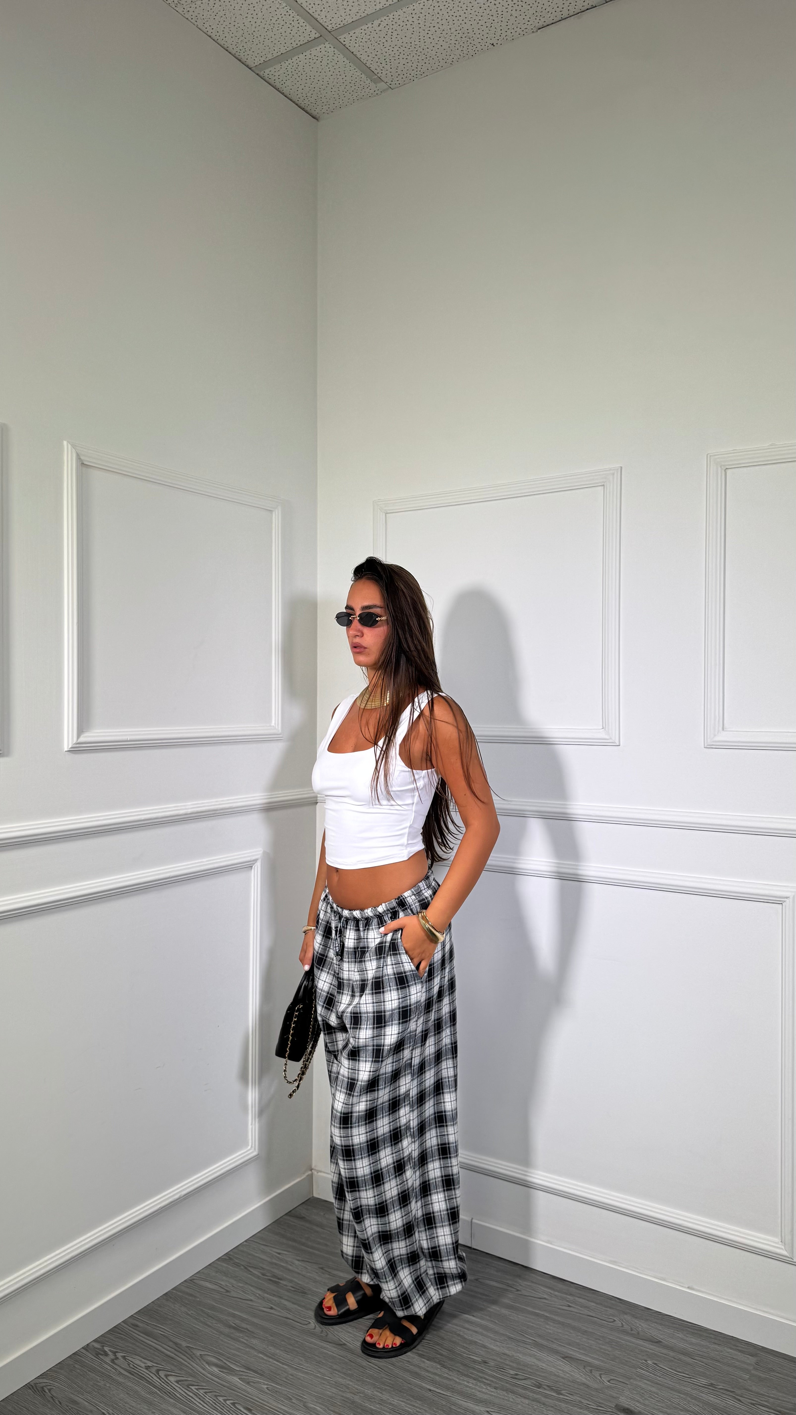 Pantaloni balloon a quadroni nero/bianco 6651