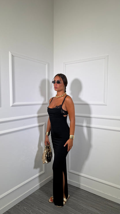 Abito lungo in lycra con bralette in pizzo nero 6073