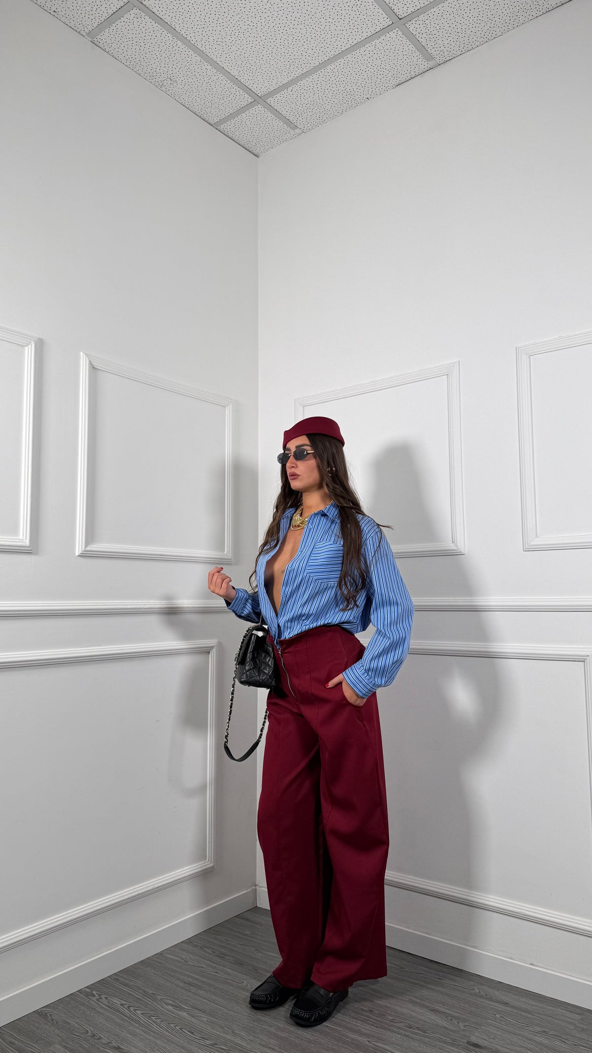 Pantaloni palazzo bustino alto con zip bordeaux 22858