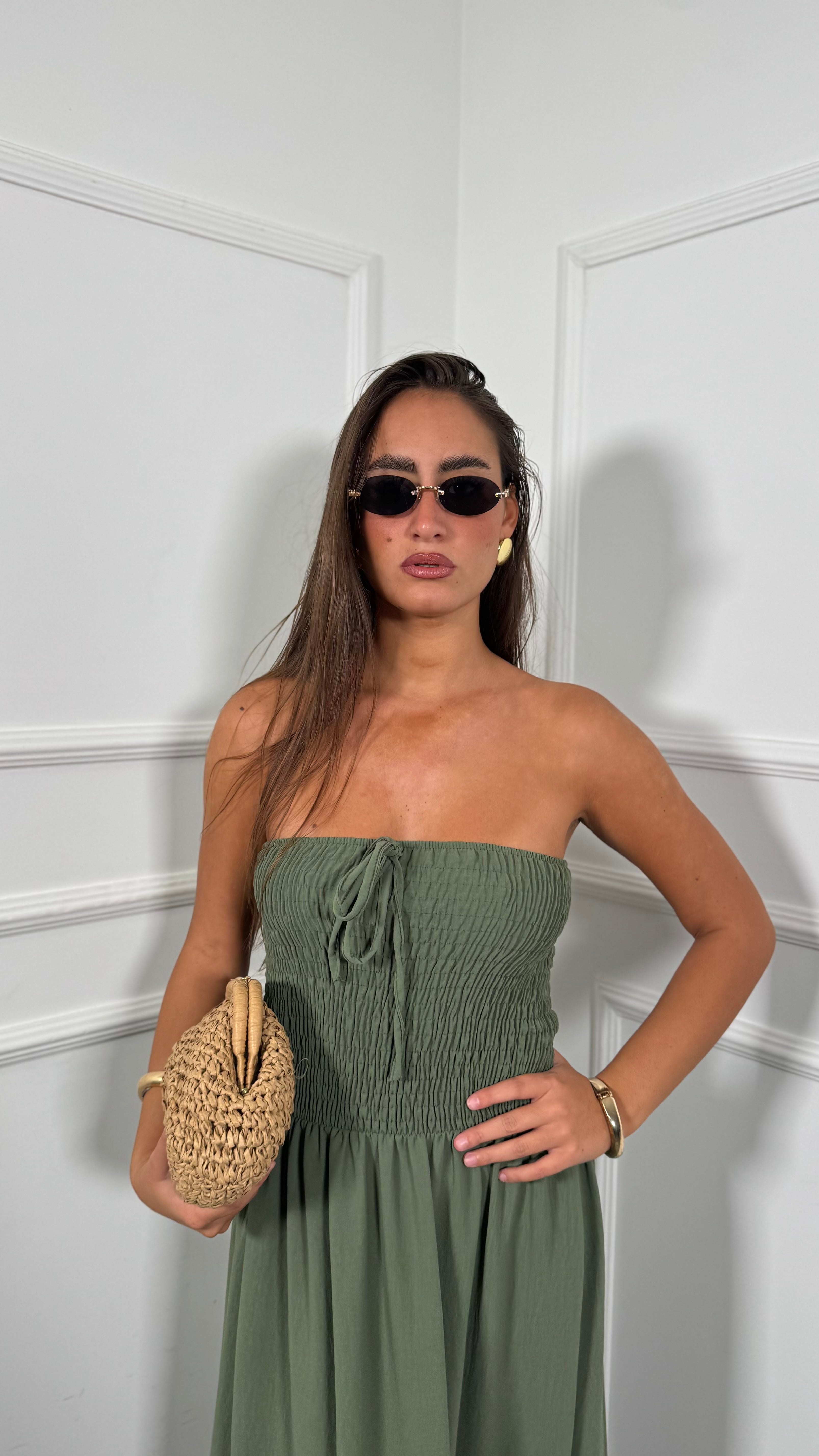 Abito midi a fascia con voilant verde militare