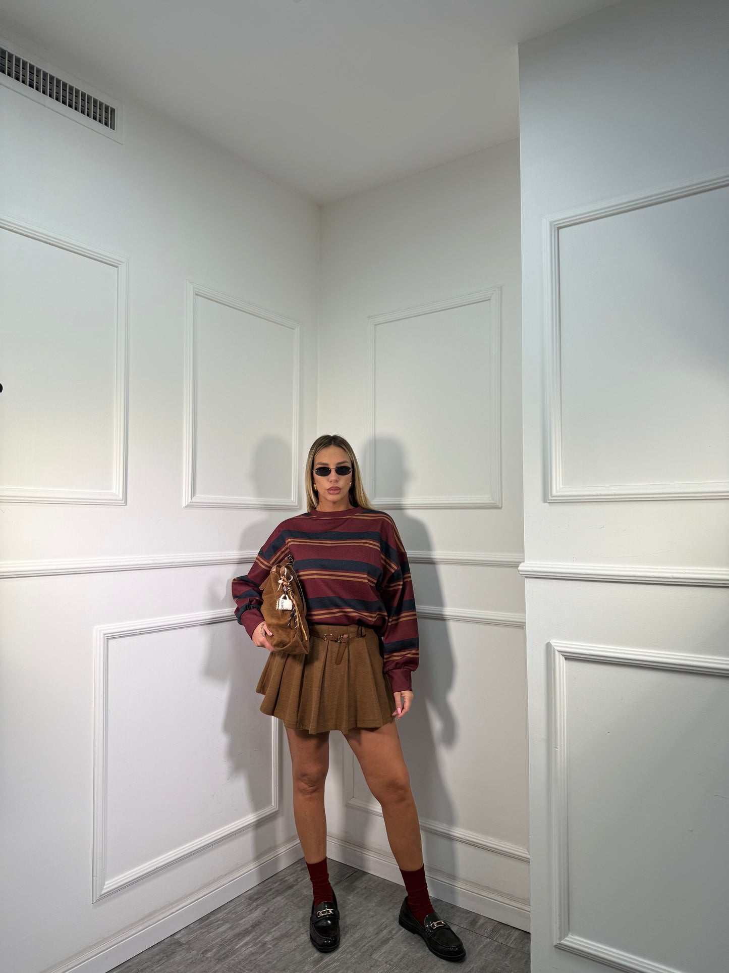 Gonna lana cotta a pieghe con cinturino Lily biscotto 6786