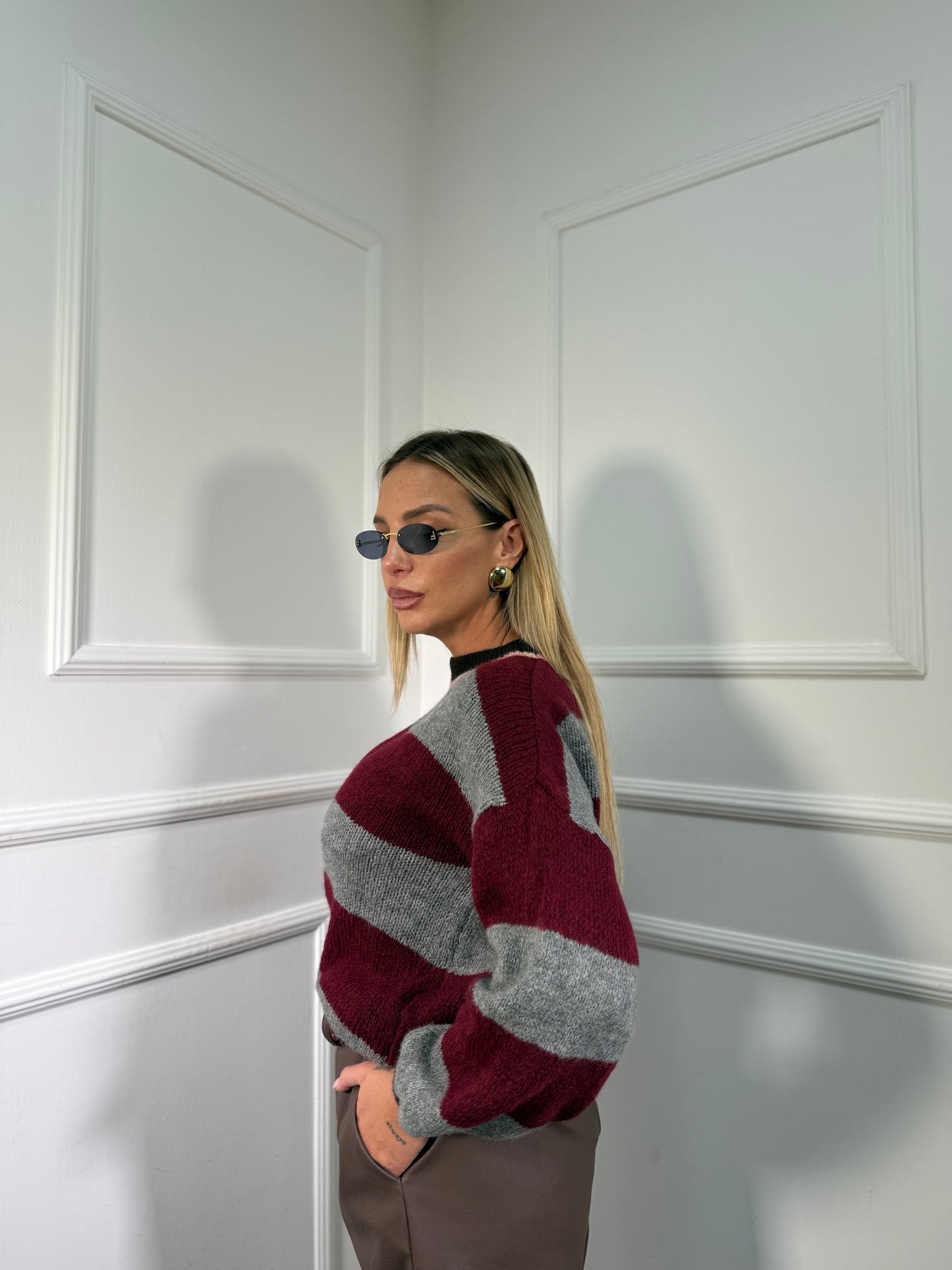 Pullover lana cotta Sezanne grigio/bordeaux 3110