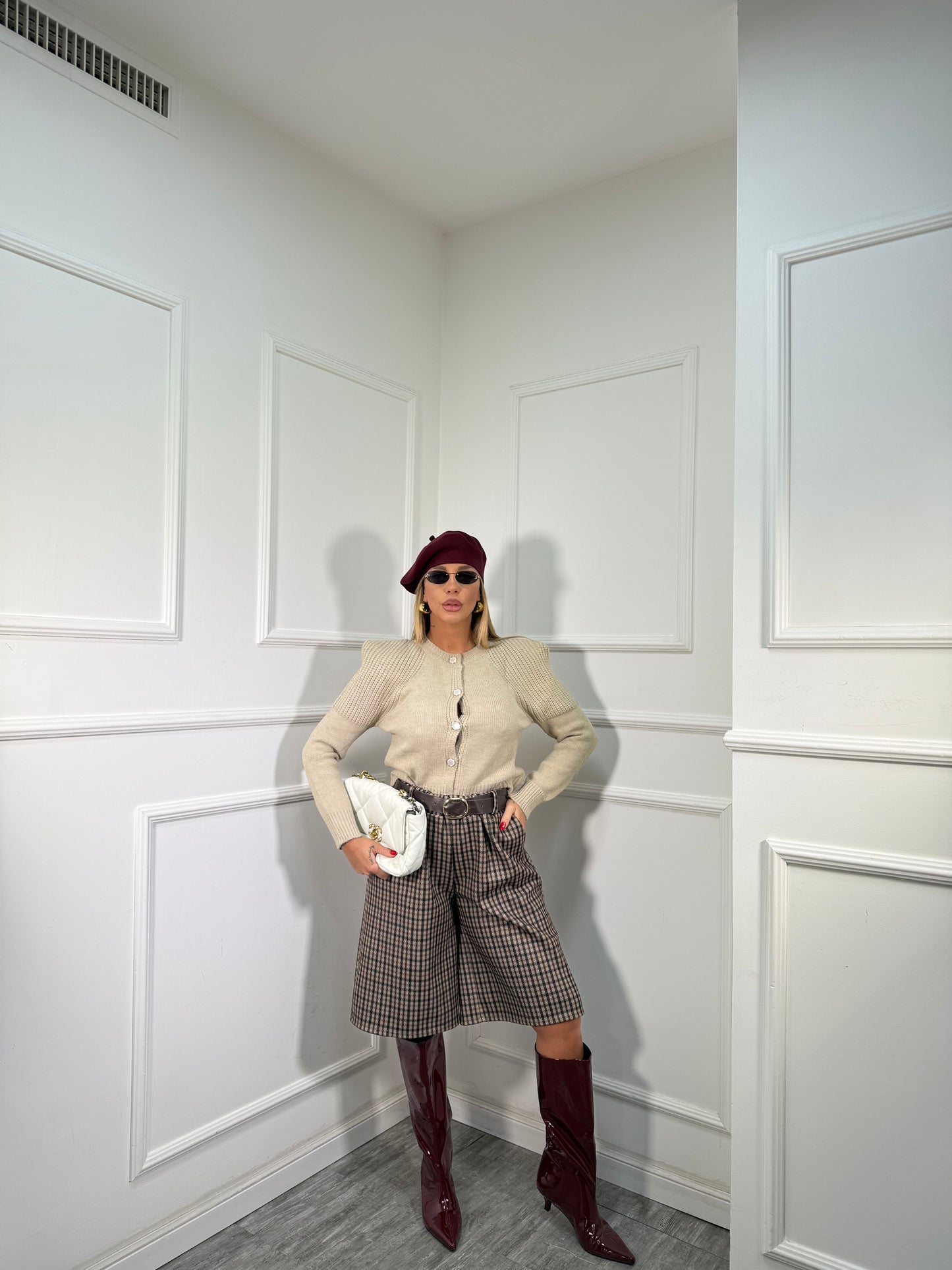 Bermuda a quadri misto lana con cintura Margie cacao 25805