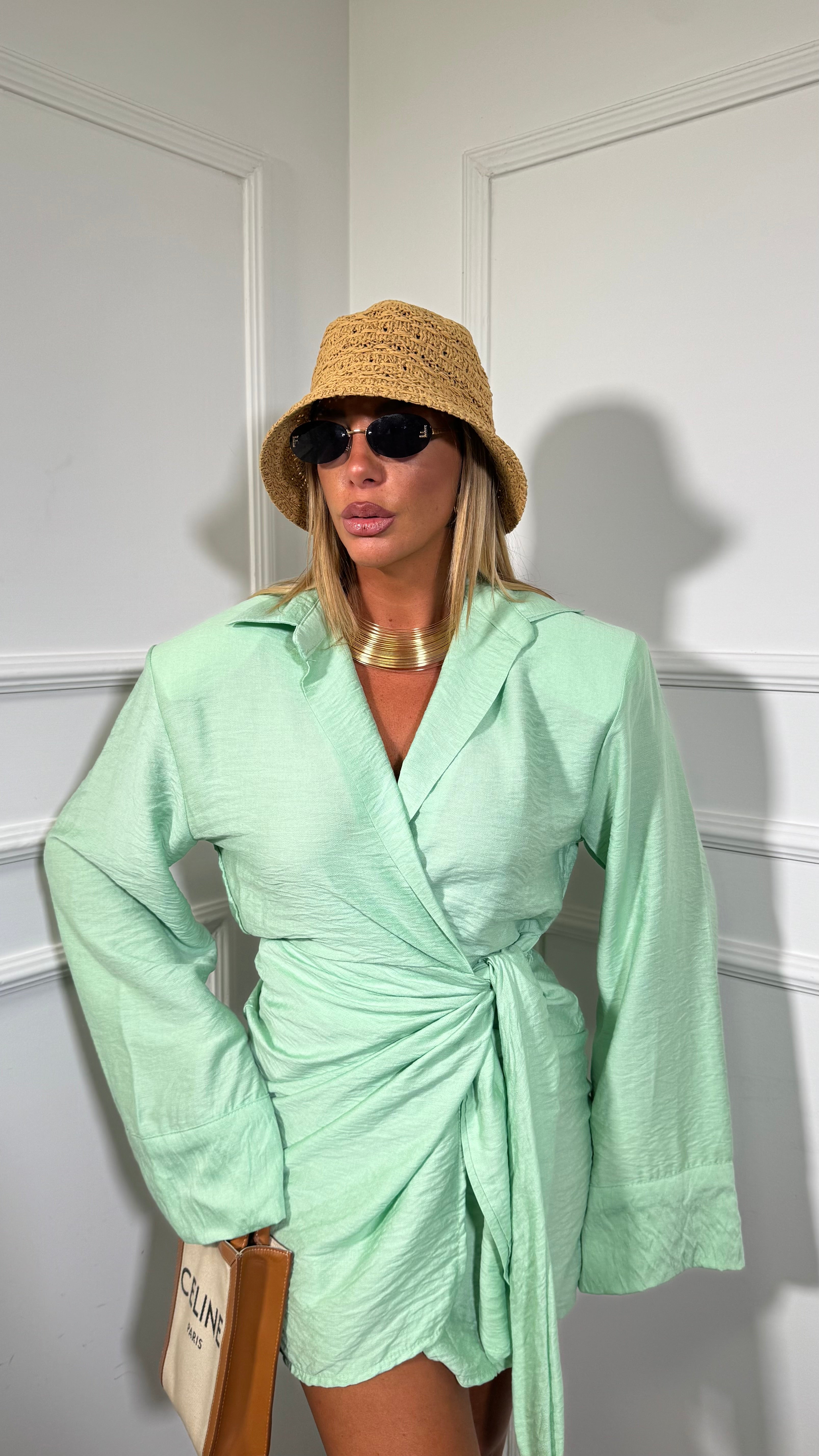 Abito corto portafoglio con spalline misto lino Tulum verde menta 7119