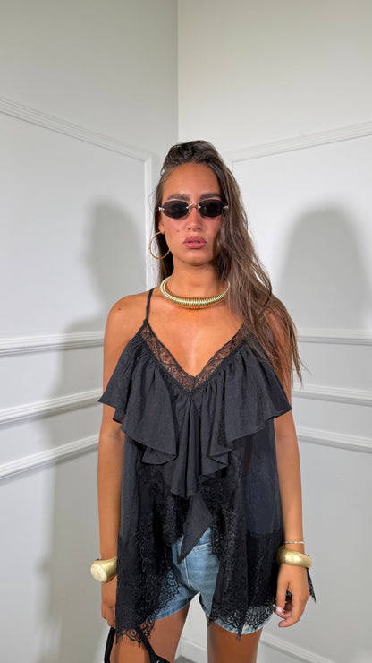 Top in chiffon con pizzo Anacapri nero l2612