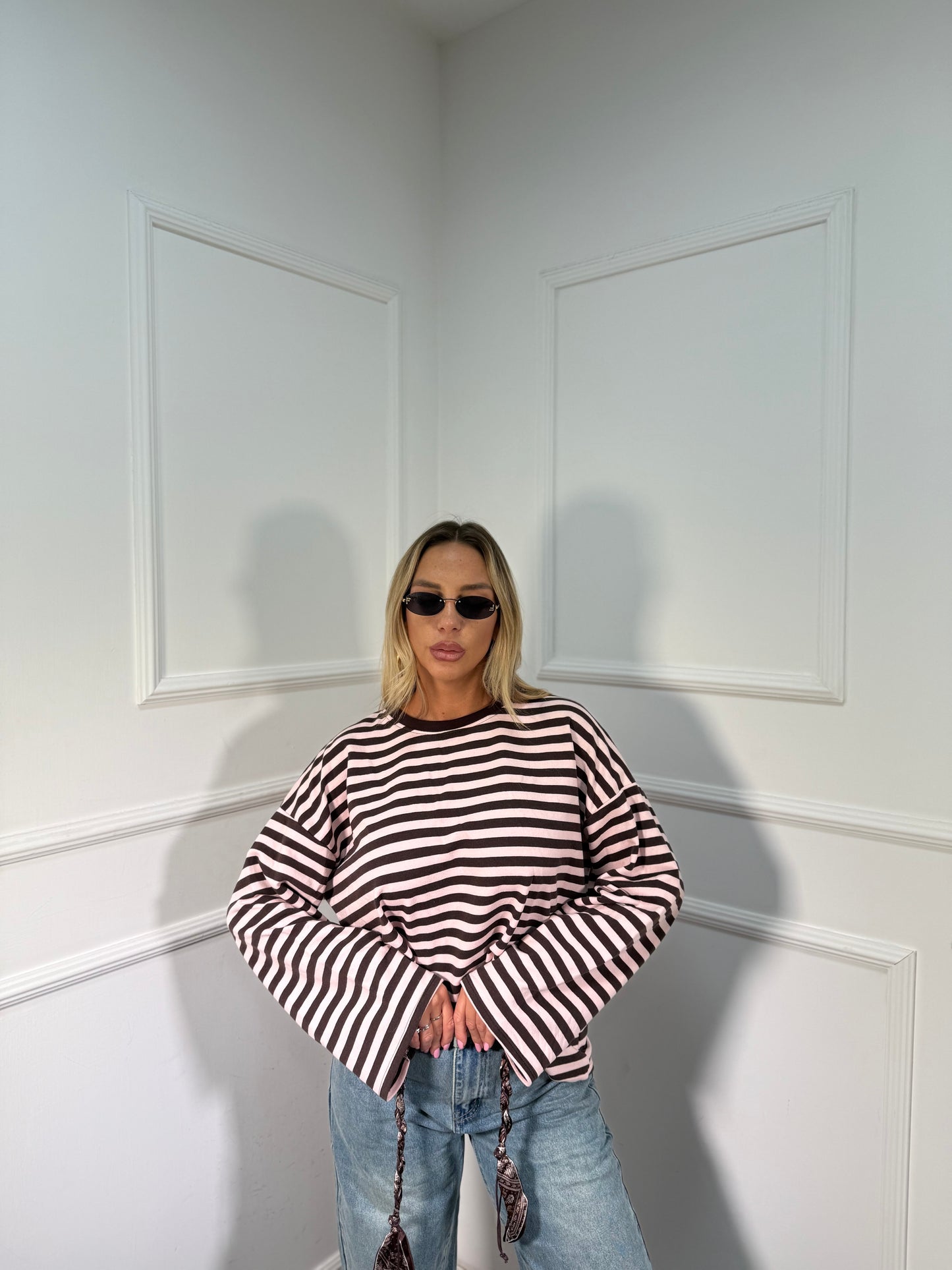 Shirt in cotone garzato manica campana Cindy cacao/rosa f1109