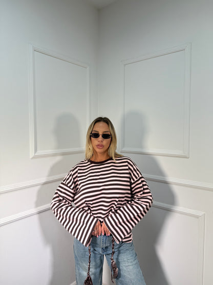 Shirt in cotone garzato manica campana Cindy cacao/rosa f1109