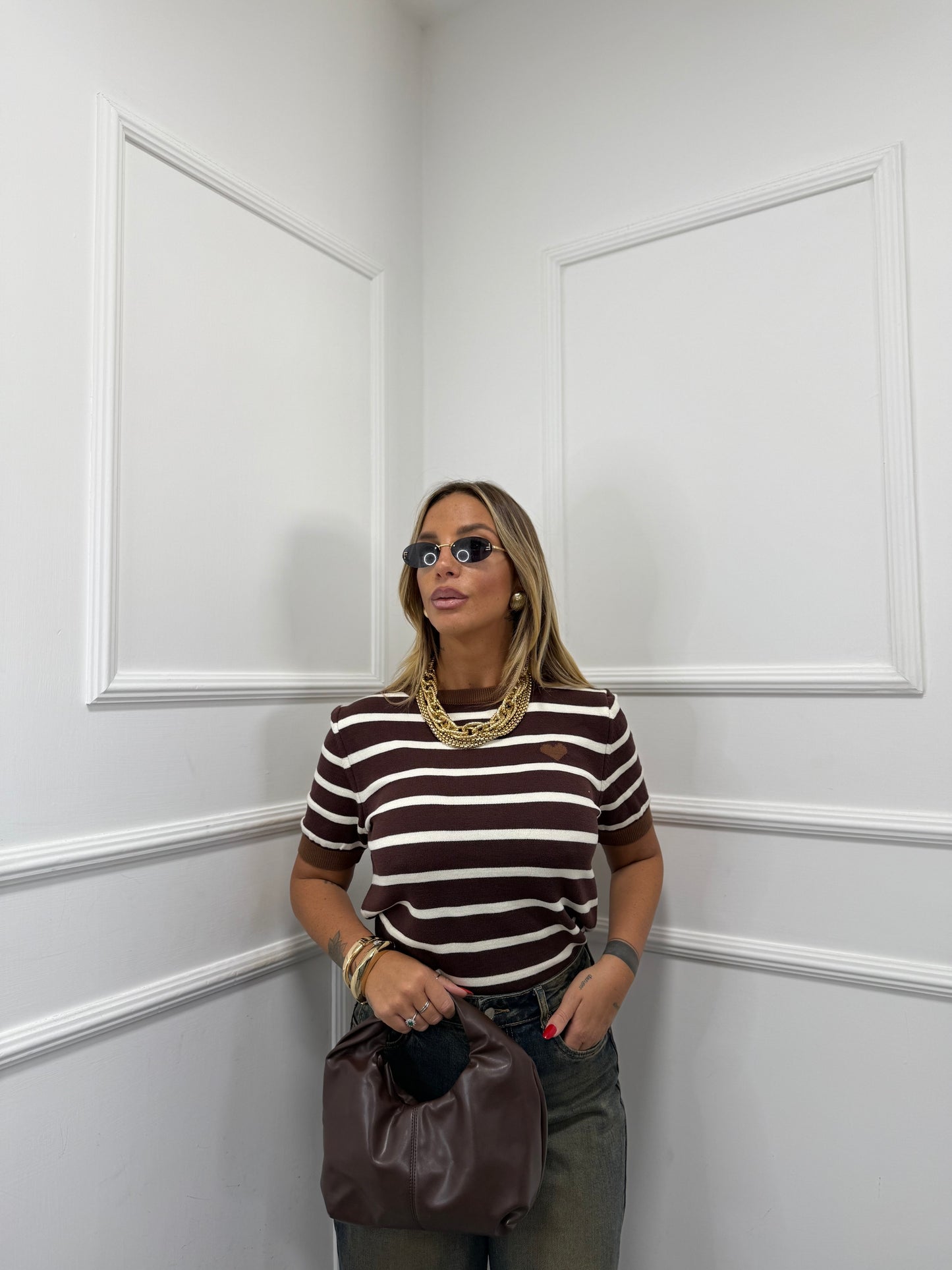 Maglioncino lana rasata a righe Paris marrone/panna 3305