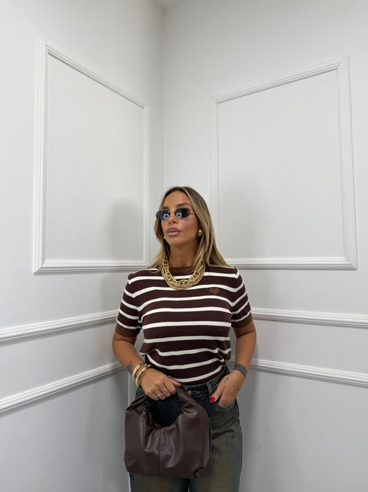 Maglioncino lana rasata a righe Paris marrone/panna 3305