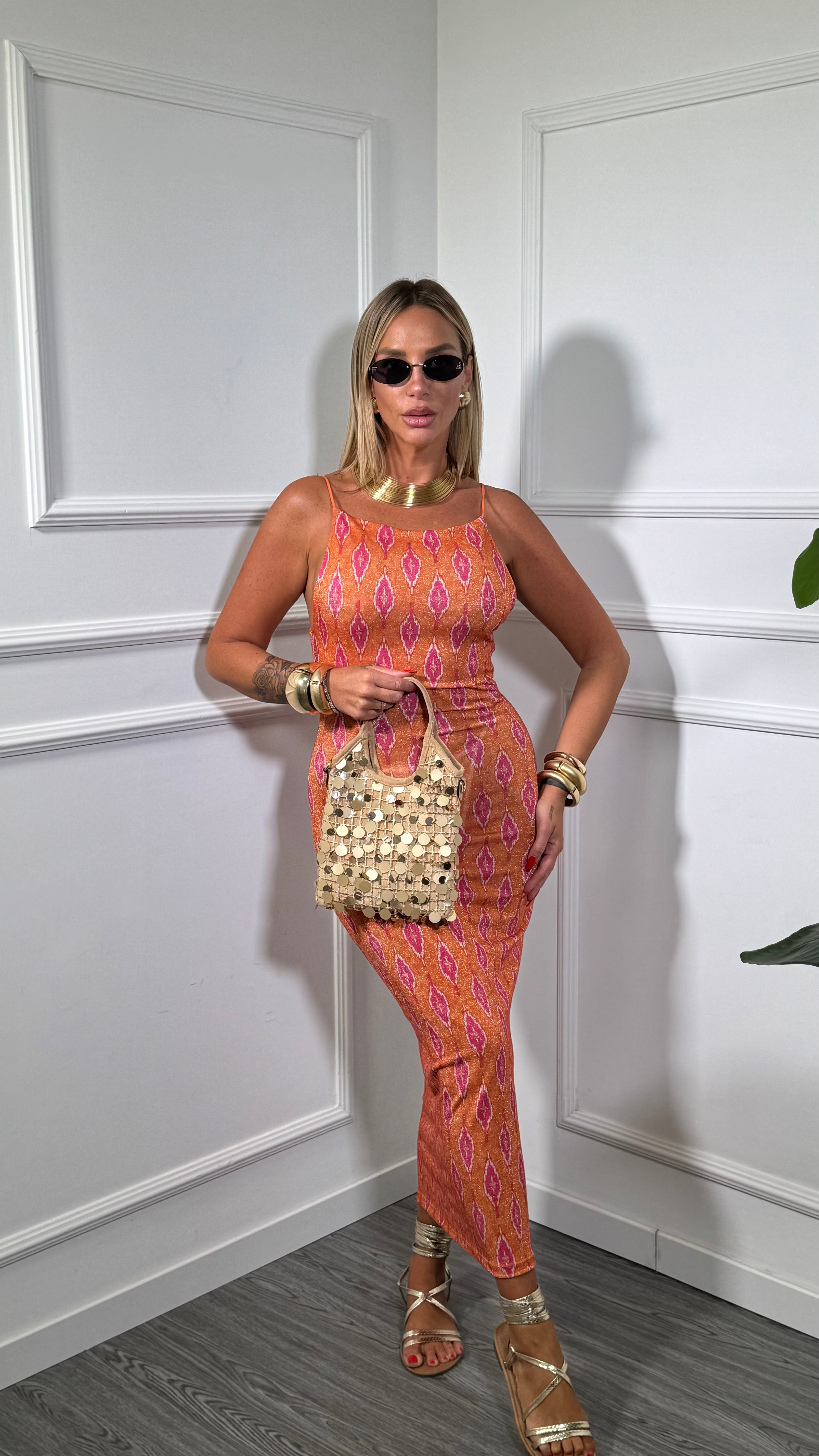 Abito midi in lurex Rombi fondo arancio