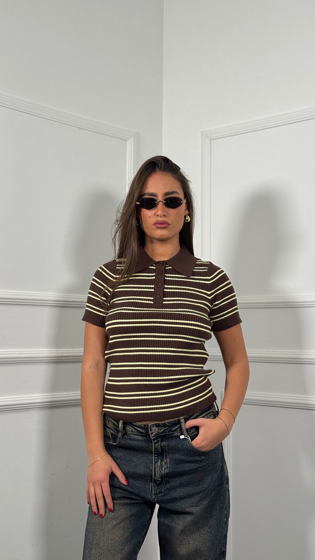Polo a righe a costine marrone dr265