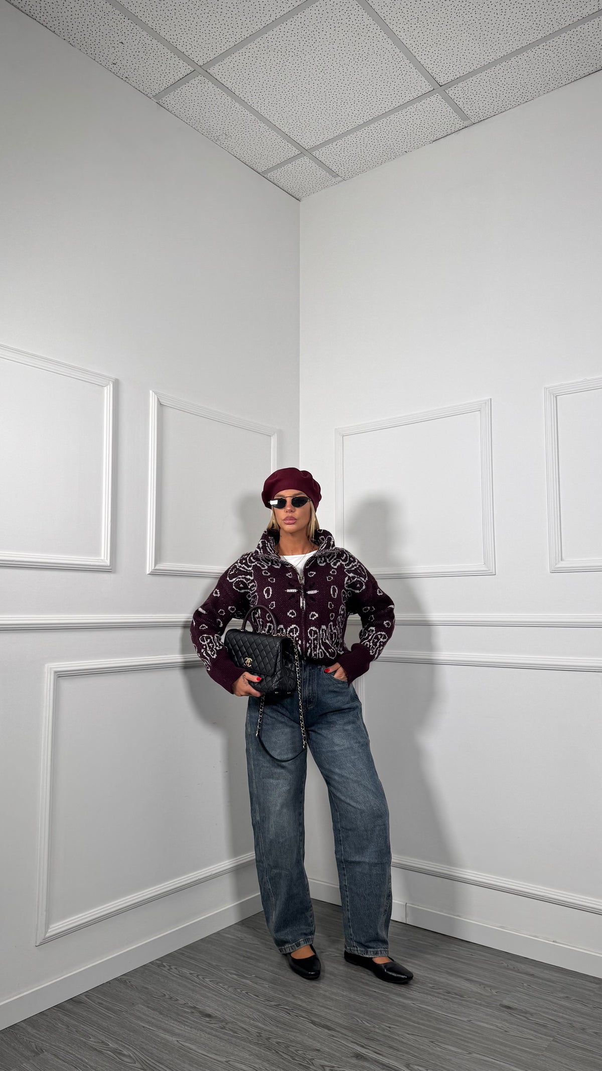 Cardigan misto lana con zip fantasia bandana borgogna