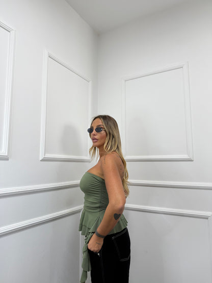 Top in lycra con rouches verde militare