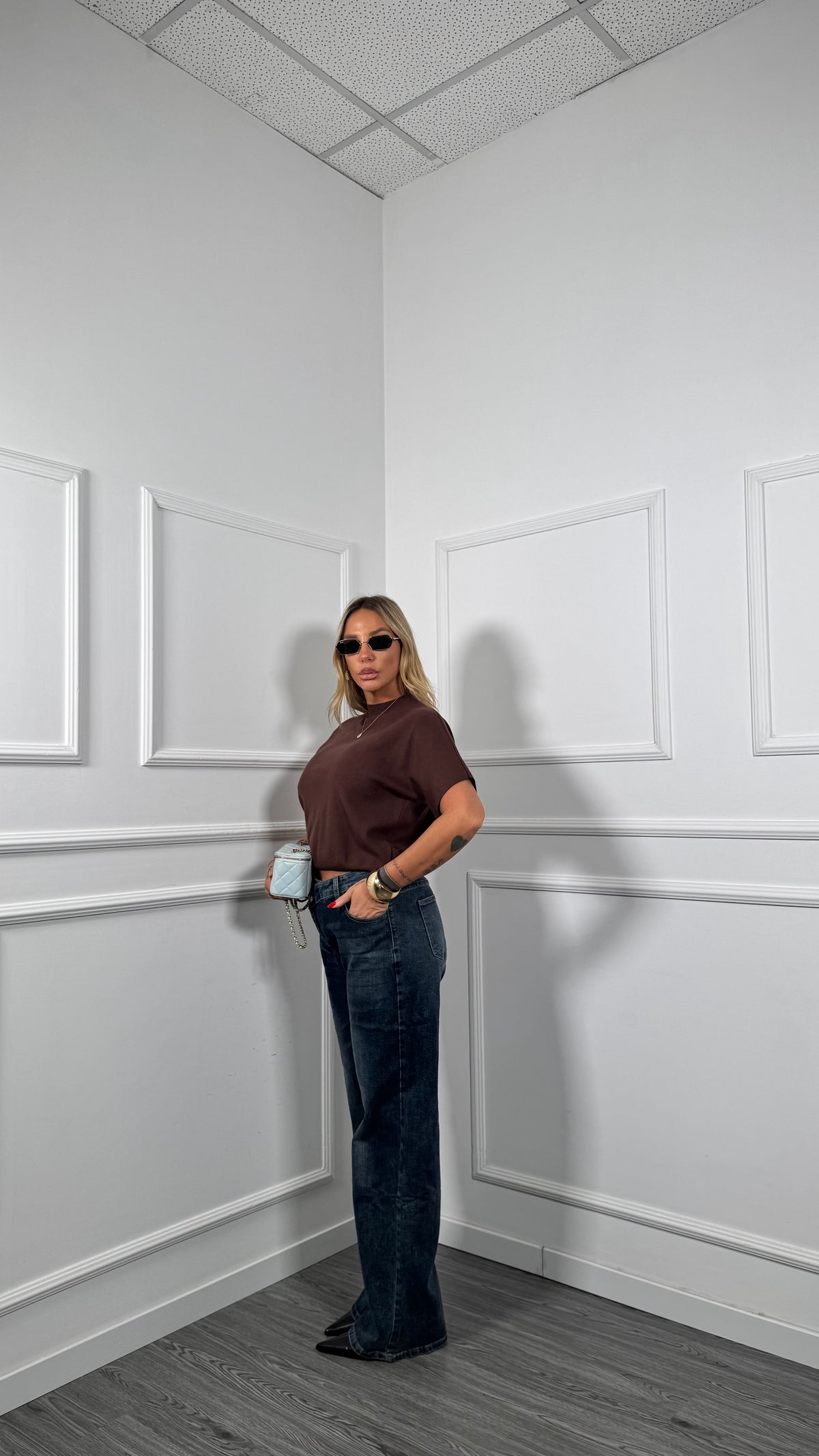 Jeans palazzo bustino asimmetrico lavaggio scuro fx-3096