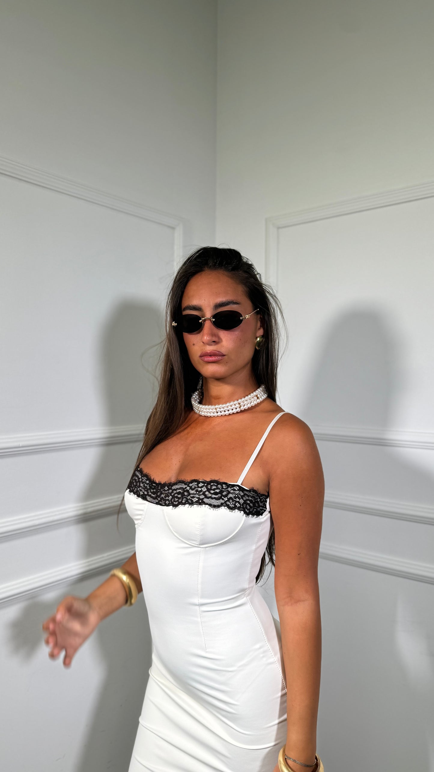 Abito lungo in lycra con pizzo Kendra panna