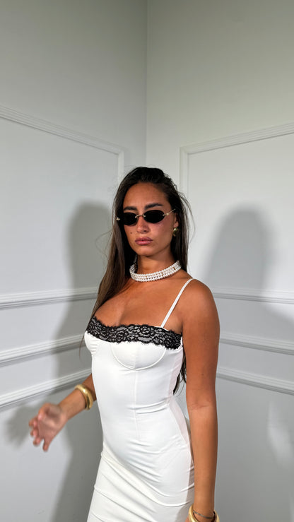 Abito lungo in lycra con pizzo Kendra panna