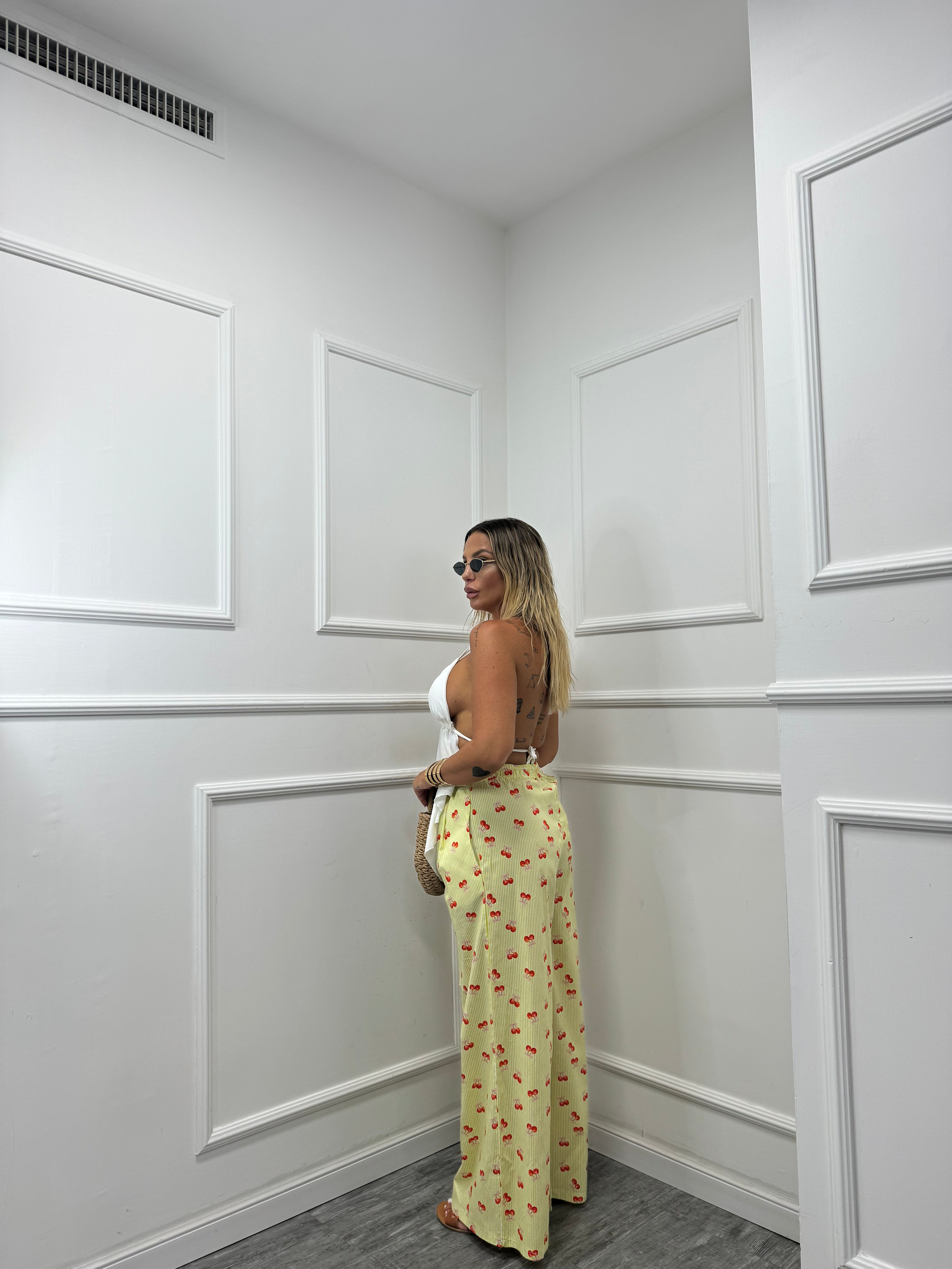 Pantalone righe gialle  ciliegie