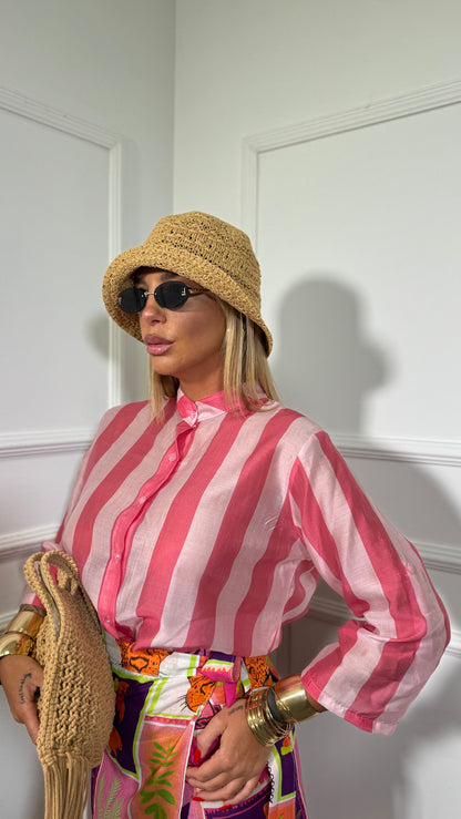 Camicia coreana semi velata a righe Jappo rosa/fucsia 20392