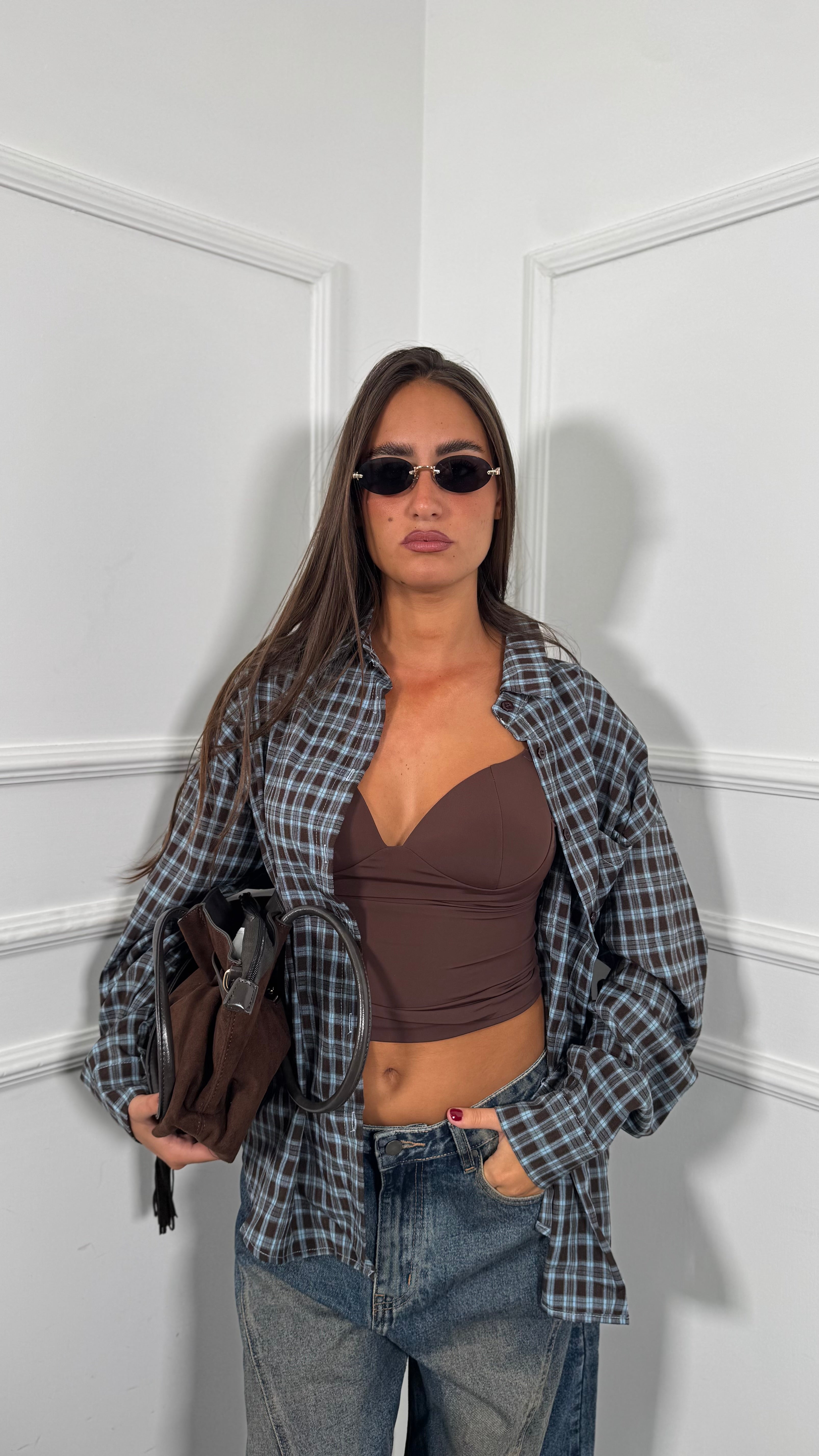 Camicia a quadri con spalline Marshall cacao/azzurra 2801-13
