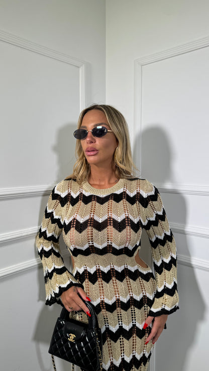 Abito lungo zig zag in lurex cut out nero/oro 8061