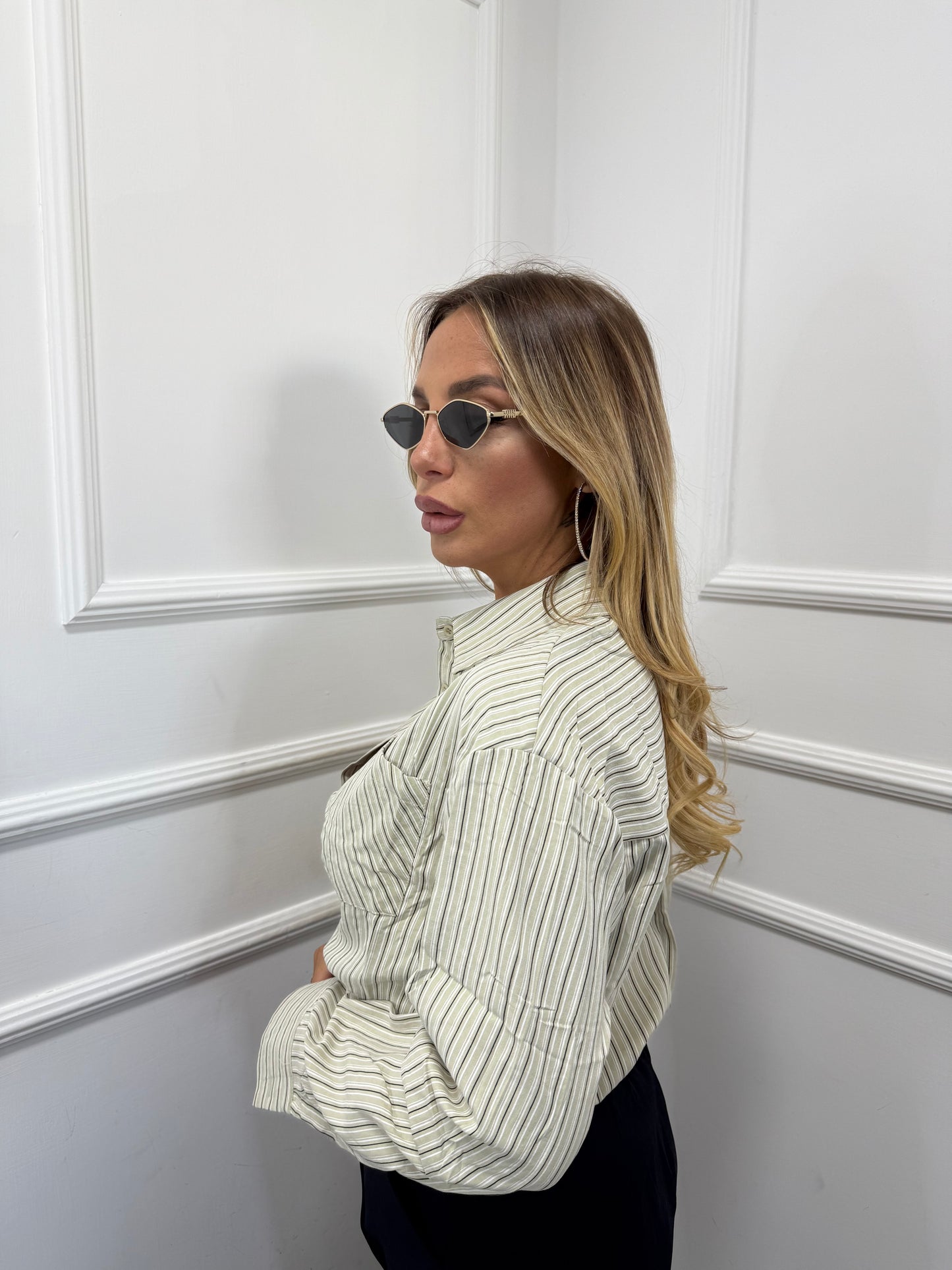 Camicia a righe in cotone English verde mela 26003