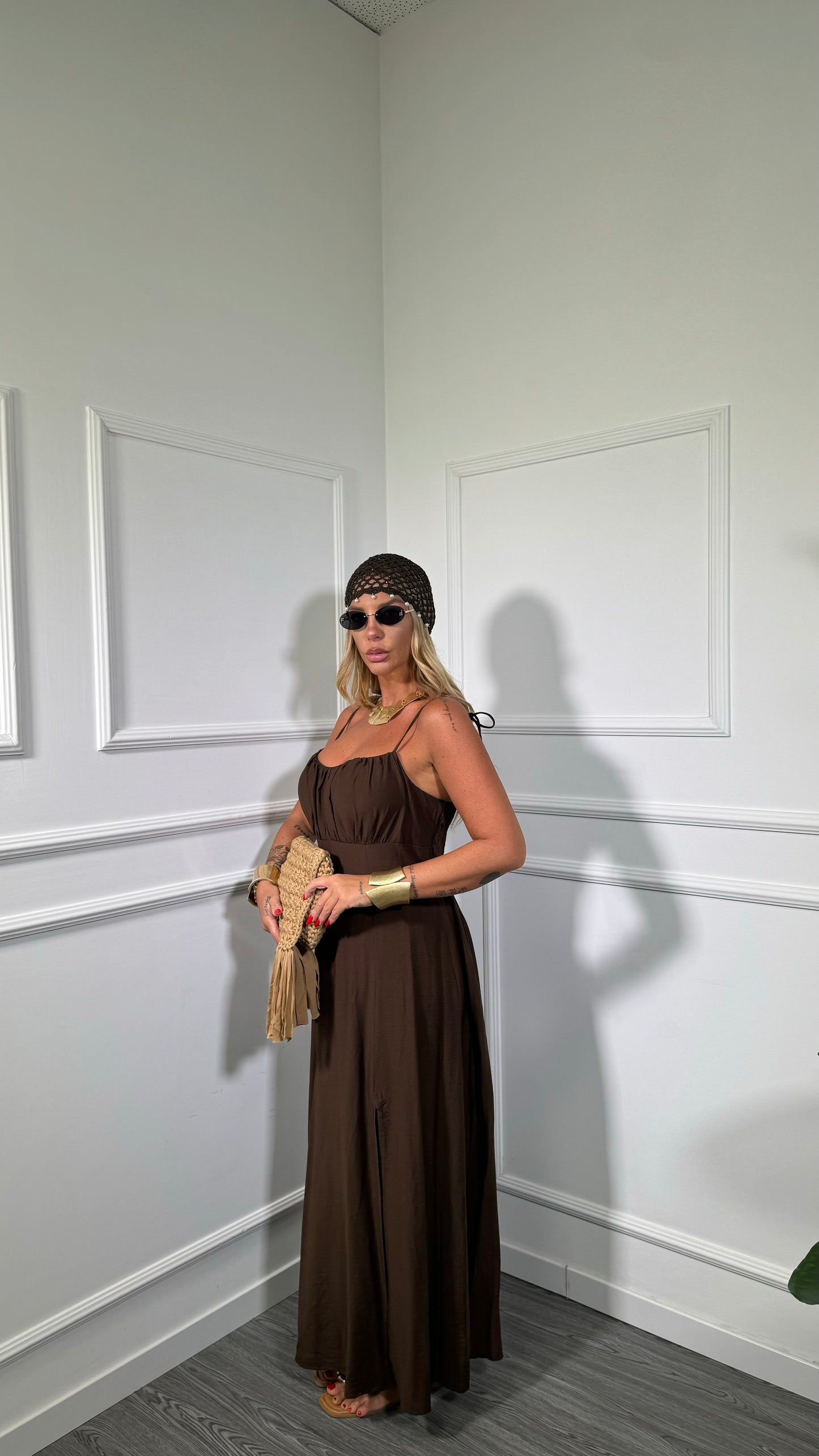 Abito midi misto lino (curvy) Ariel cioccolato 333