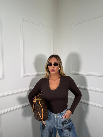 Shirt in cotone scollo a V cacao 5529