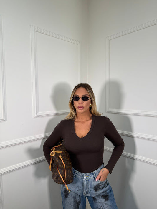 Shirt in cotone scollo a V cacao 5529