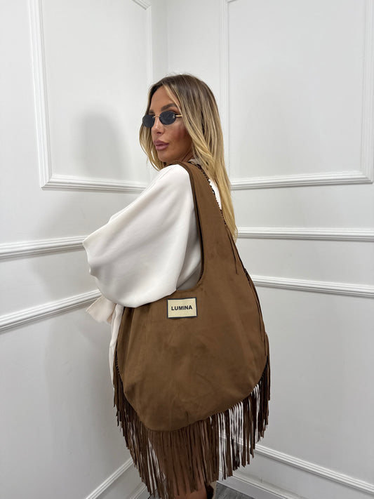 Borsa Lumina in eco camoscio con frange cuoio ld3430
