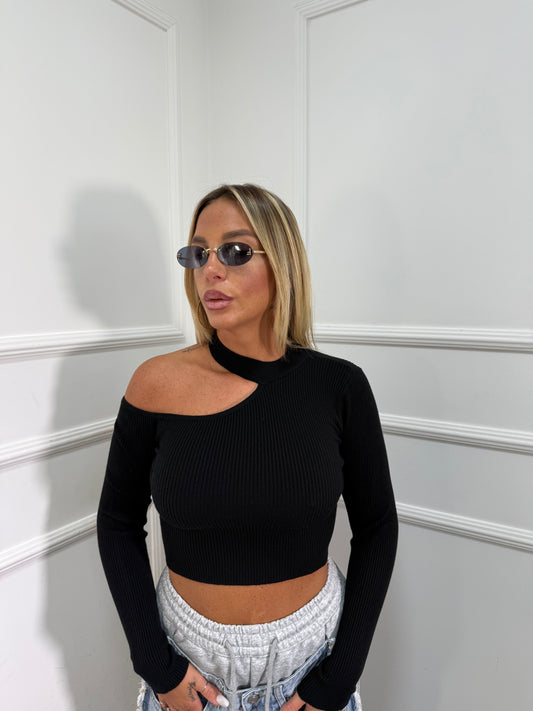 Maglioncino a costine scollo asimmetrico nero zs3022