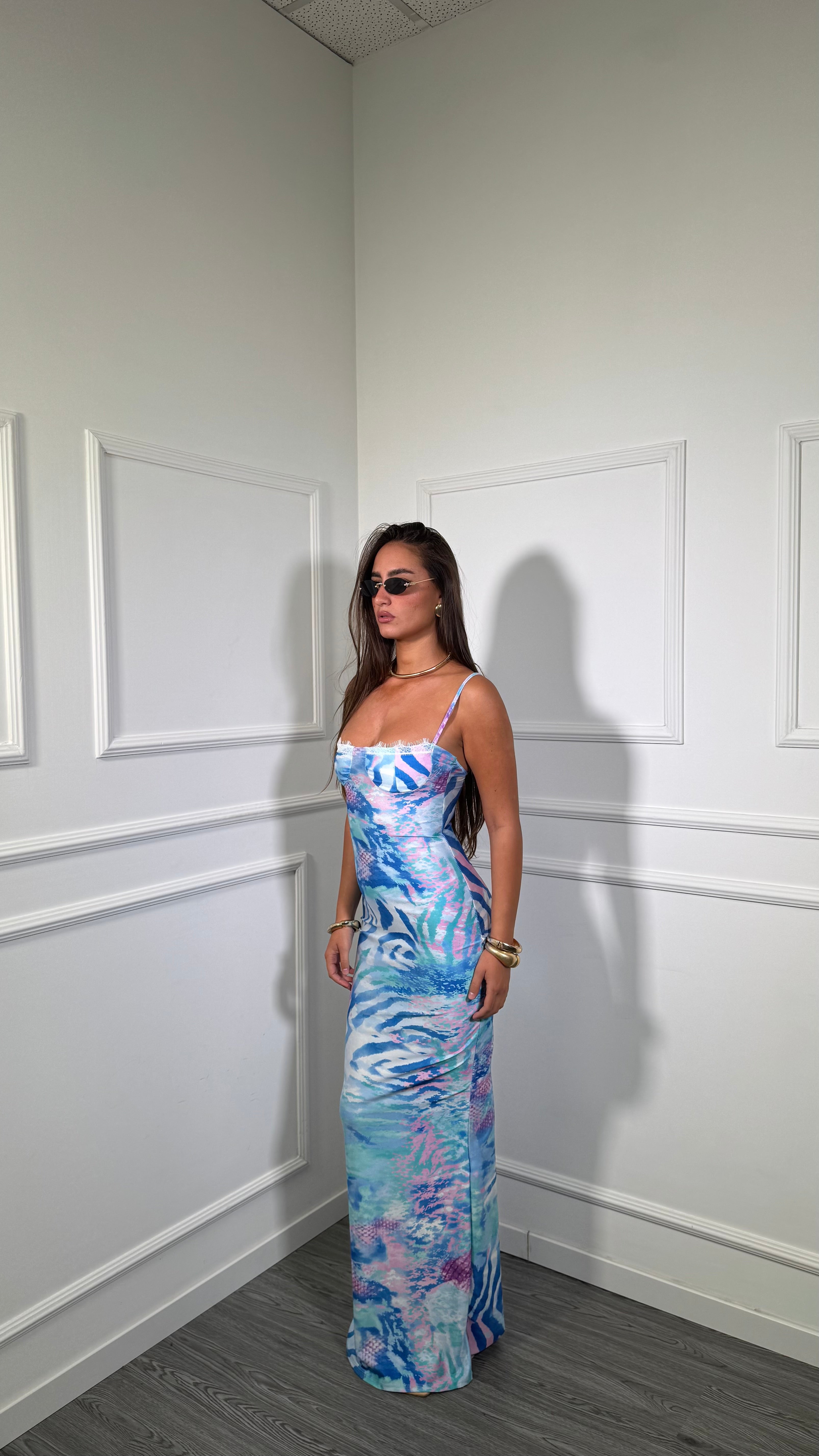 Abito tubino lungo in lycra animalier azzurro/rosa 1776