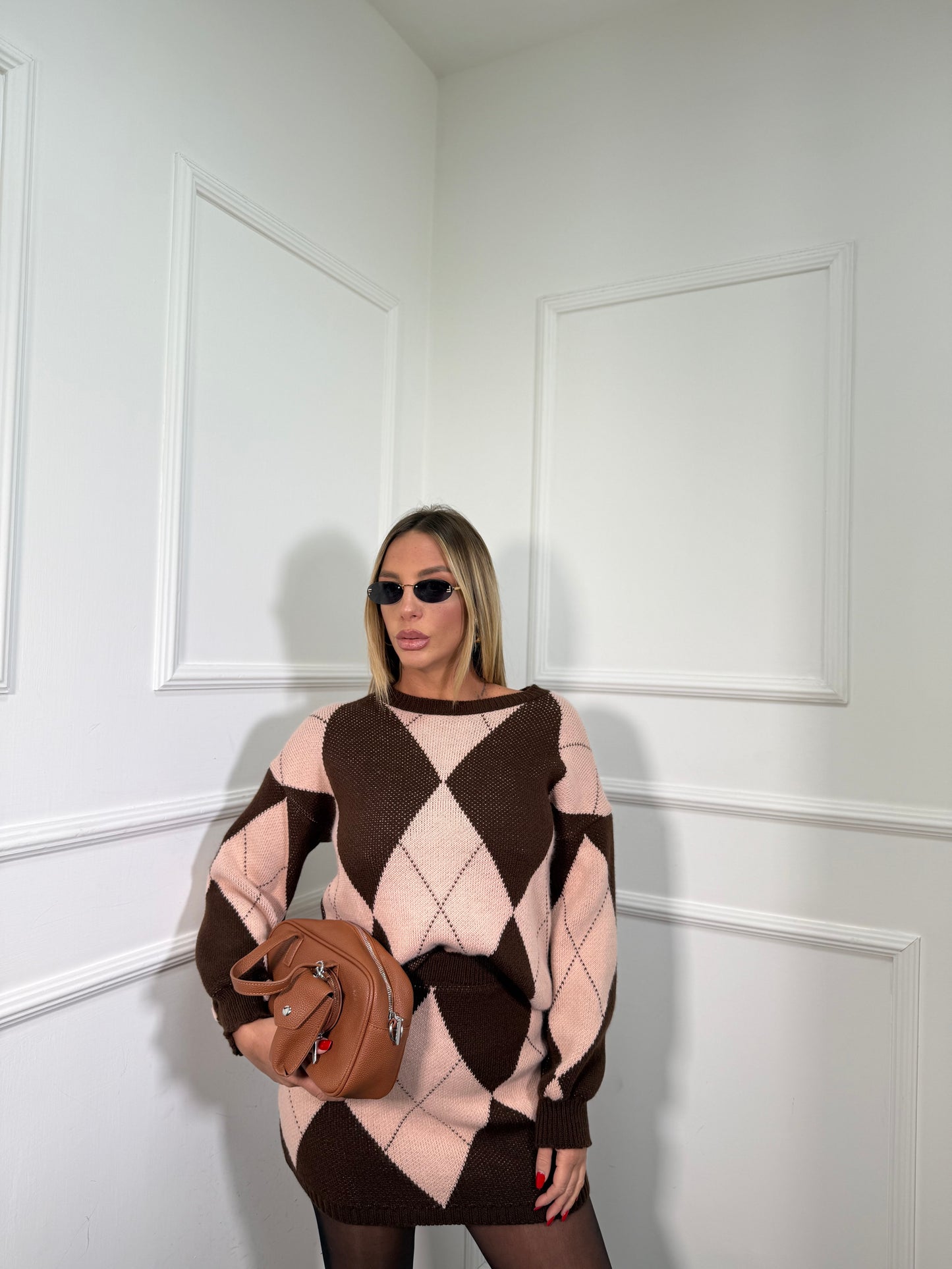 Coordinato rombi in maglia Jolie rosa/cacao 025829