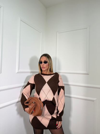 Coordinato rombi in maglia Jolie rosa/cacao 025829