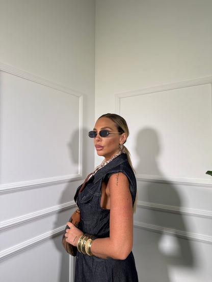 Abito midi in denim con cintura e spalline Nora lavaggio zero sw5047