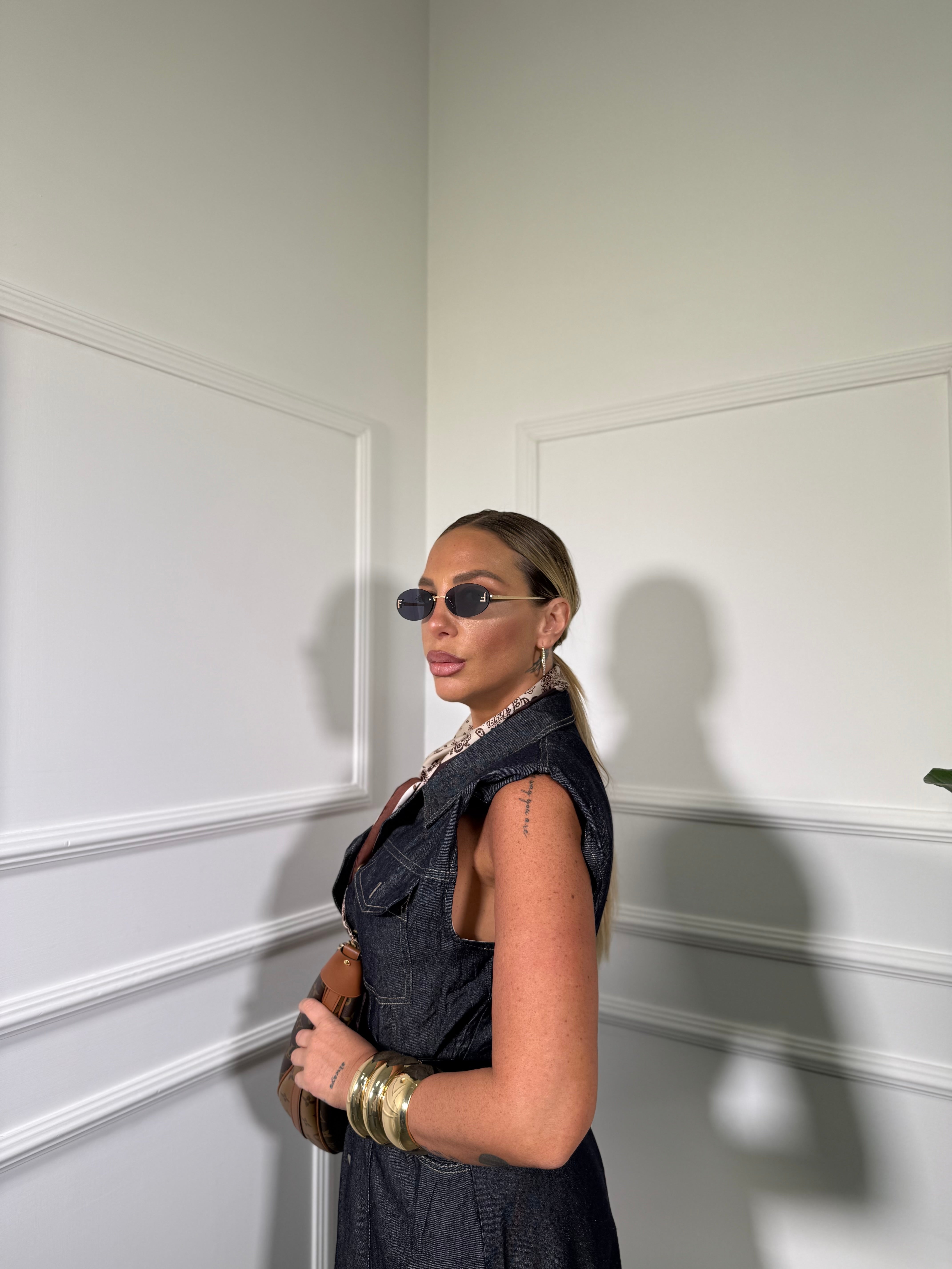 Abito midi in denim con cintura e spalline Nora lavaggio zero sw5047
