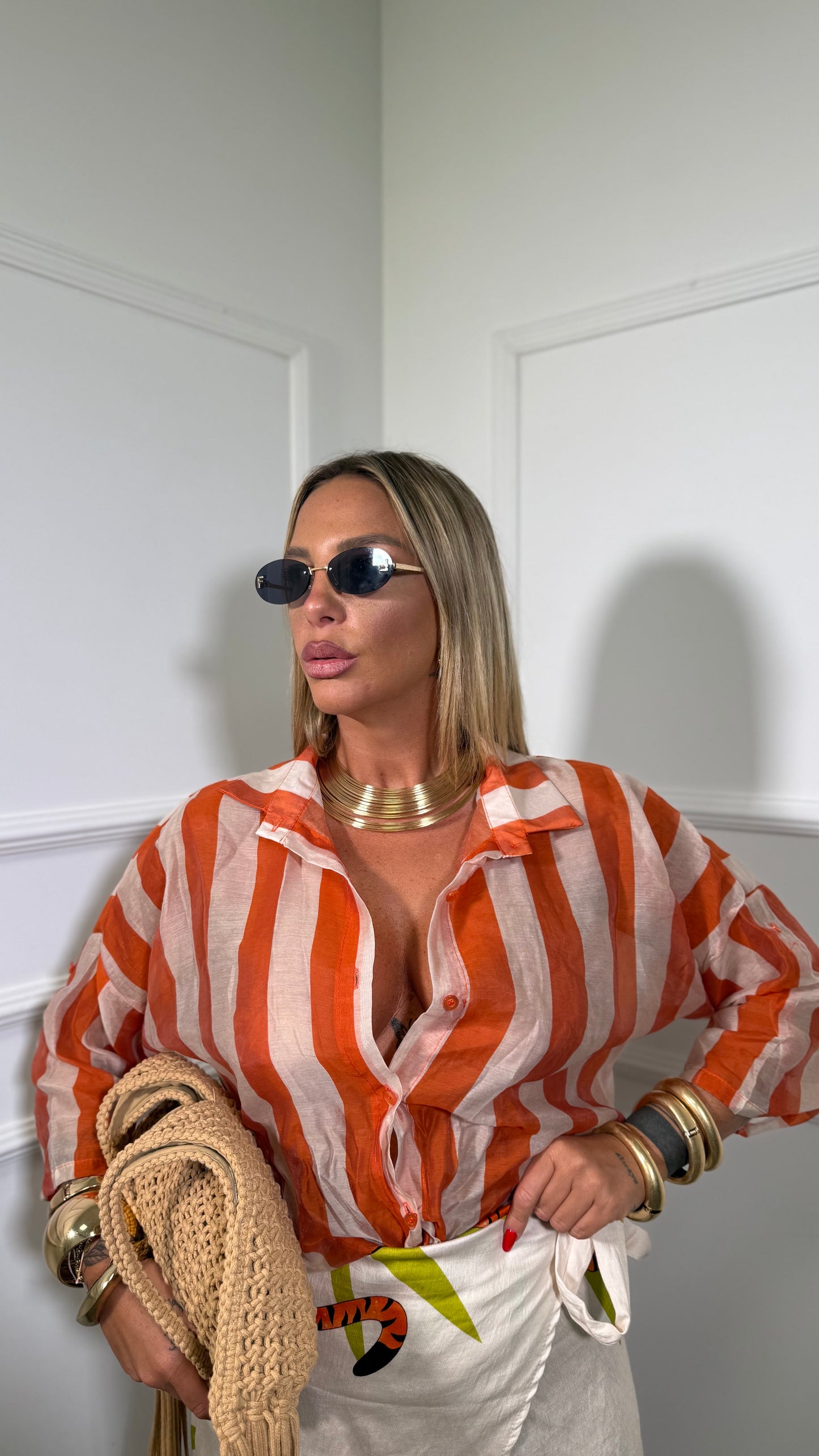 Camicia con colletto semi velata a righe Astrid panna/arancio n728712