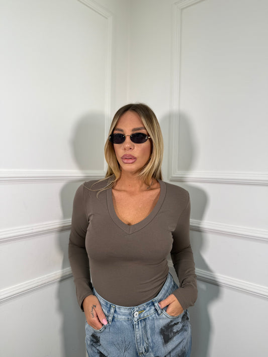 Shirt in cotone scollo a V taupe 5529