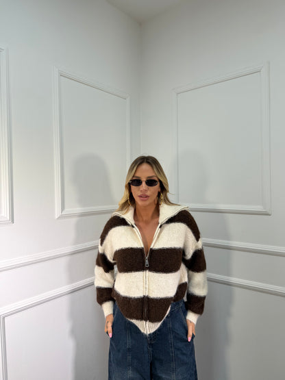 Maglioncino con zip misto lana panna/cacao 51201