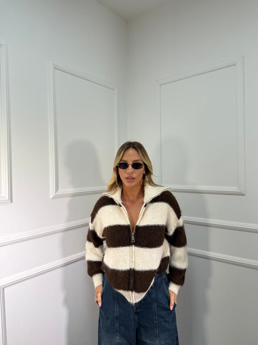 Maglioncino con zip misto lana panna/cacao 51201