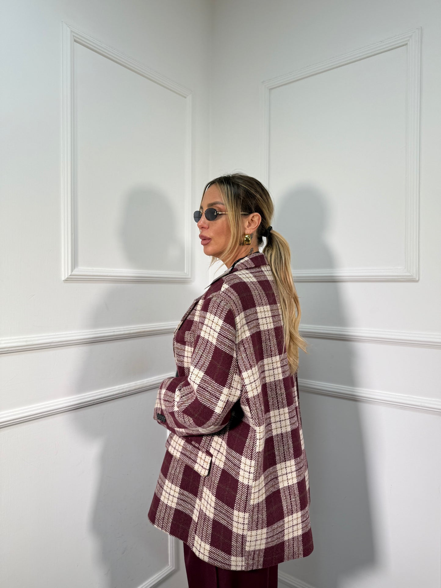 Cappottino in lana cotta a quadri British bordeaux l9308 by lumina