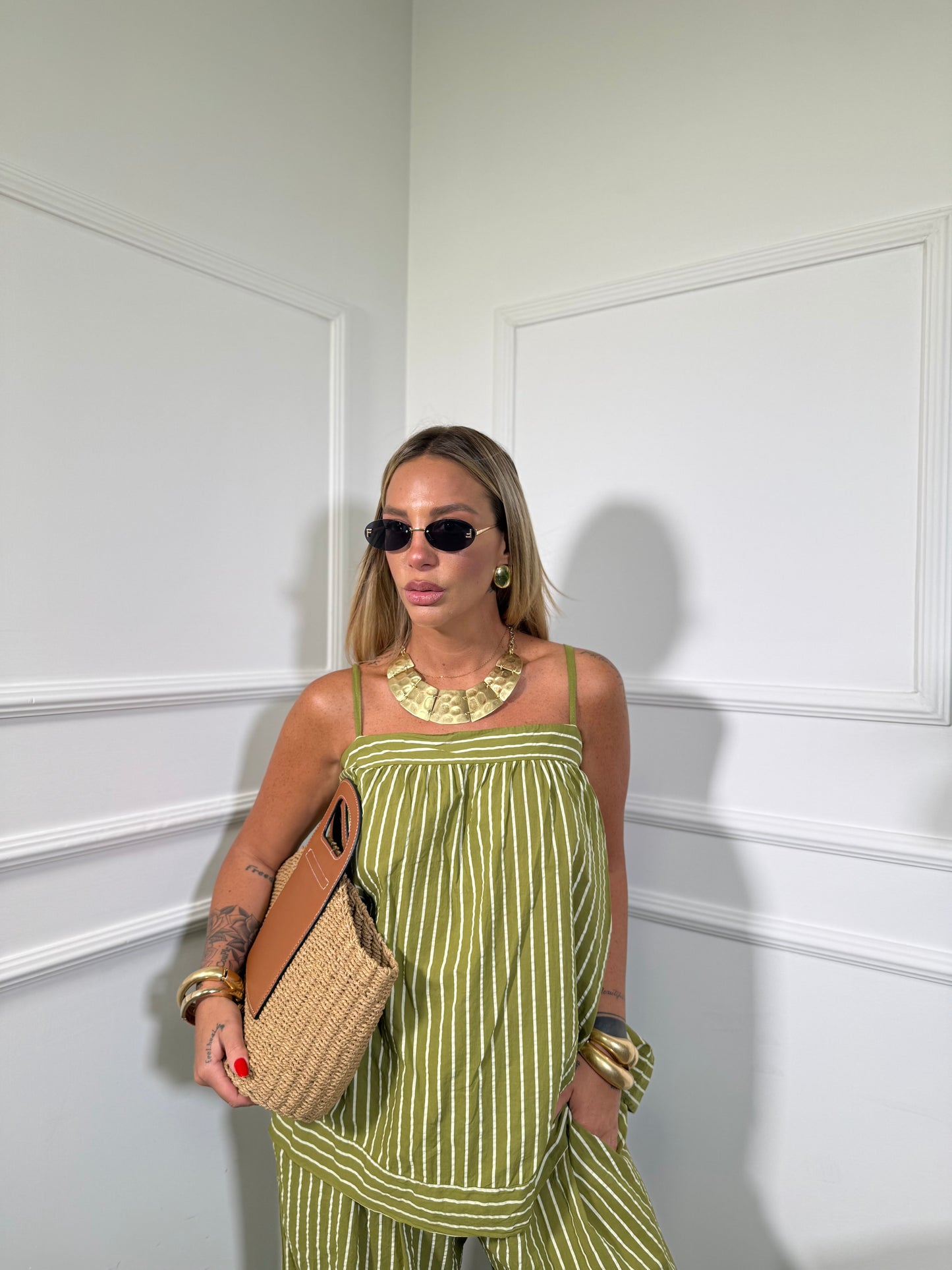 Coordinato in cotone a righe verde pistacchio curvy 268177