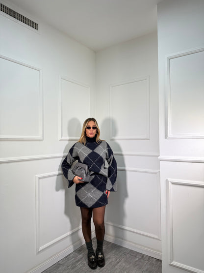 Coordinato rombi in lana cotta Joy blu/grigio