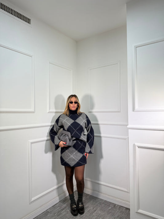 Coordinato rombi in lana cotta Joy blu/grigio